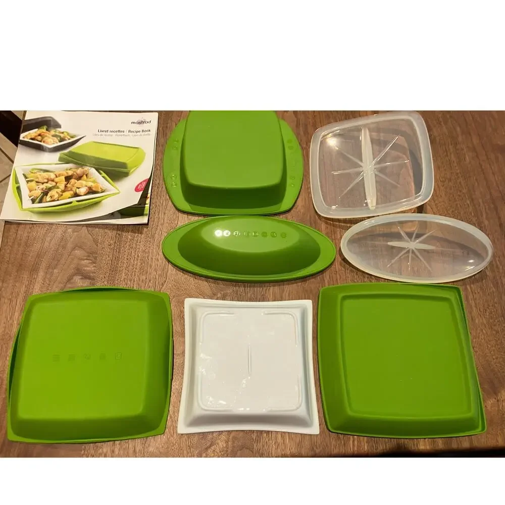 Mastrad 3 Piece Microwave Steamer Set, Green, Paris with Recipe Manual, Silicone